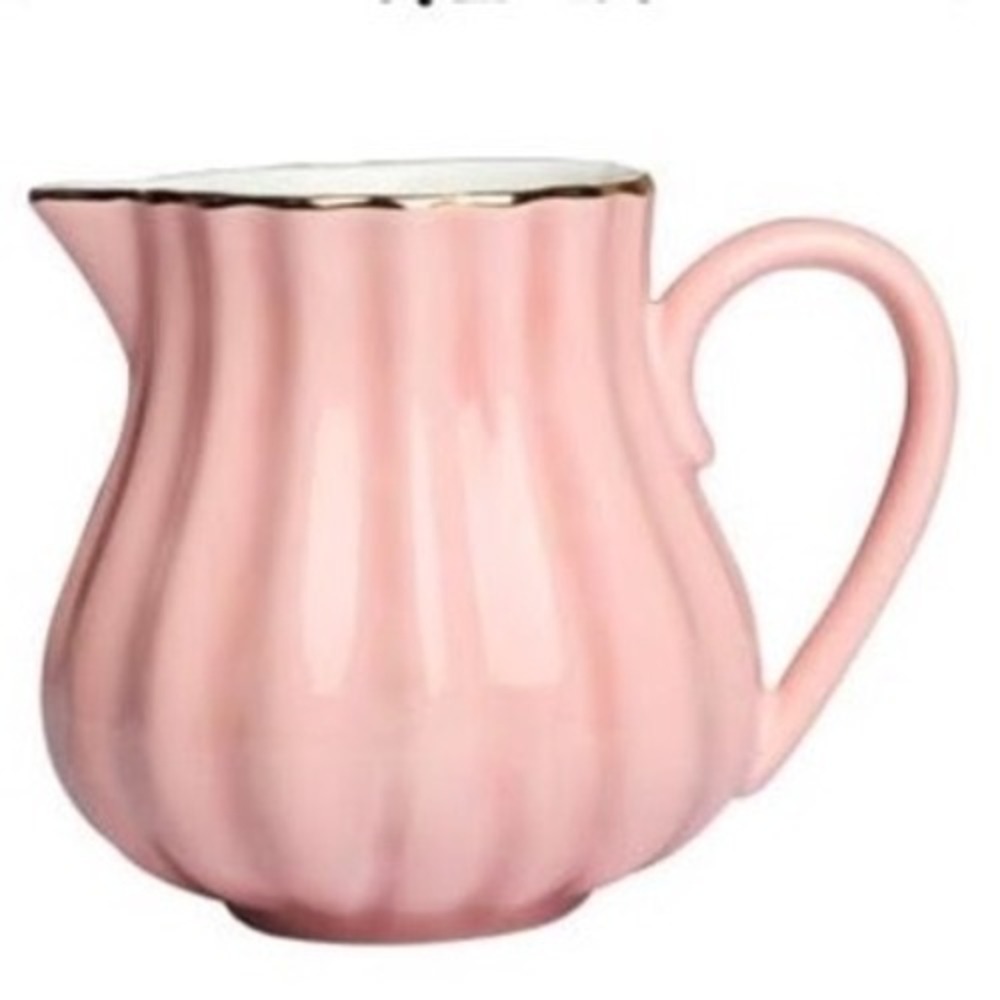 Amazingware Pink Fluted Ceramic Cream Pitcher Gold Trim Scalloped Milk Jug 3.6in